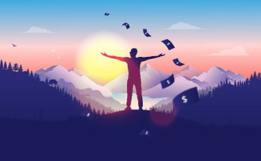 Finansal özgürlük - gün batımında özgürce poz veren bir adam, güzel bir manzara, orman ve dağ manzarası, gökten para yağıyor. Pasif gelir, zengin, vektör illüstrasyonunda başarı kavramı.