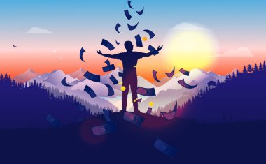 Erkeklere para yağdırmak. Tepede kollarını kaldırmış, güneşin doğuşunu seyreden biri var. Gökten para yağıyor. Finansal özgürlük, yüksek maaş, kolay para ve pasif gelir kavramı. Vektör.