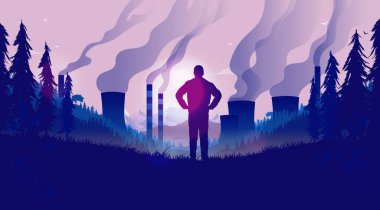 Kirlilik sorunu - Doğayı kirleten fabrikalara bakan bir adam. Borulardan gökyüzüne yükselen zehirli duman, sis ve koyu renkler. Hayal kırıklığına uğramış kişi ve iklim değişikliği kavramı. Görüntü.