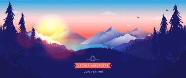 Vector landscape illustration - Sunset over stunning forest, ocean and mountain environment. Birds flying in the sky, peaceful wilderness, mindfulness, meditation background. clipart