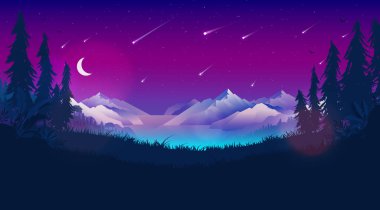 Meteor yağmuru. Gece gökyüzünde kayan yıldızlar. Meteorlar, kuyruklu yıldızlar, ay, uzay, dağlar ve orman. Güzel bir astrolojik fenomen. Astronomi, astroloji arka plan kavramı. Vektör illüstrasyonu.