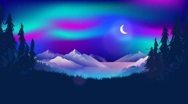 Kuzey ışıkları illüstrasyonu- Norveç fiyordunun üzerinde Aurora borealis gökyüzünde. Gece vakti ay, orman ve okyanusla güzel bir kuzey manzarası. Sihirli, mistik kuzey konsepti.