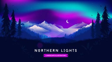 Kuzey ışıkları manzara çizimi - Ay ve yıldızlı güzel gece gökyüzü, ormandan okyanus ve dağların manzarası. Gece manzarası ve duvar kağıdı konsepti. Vektör EPS