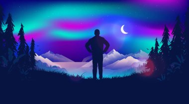 Kuzey ışıklarını izliyorum. Adam güzel manzarayı seyrediyor, gece gökyüzüne ve aya bakıyor. Işıklar gökyüzünde dans ediyor. İskandinav doğa manzarası kavramı.