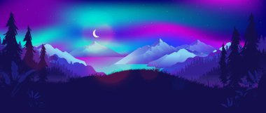 Gece manzarasında kuzey ışıkları. Dağları ve denizi olan bir fiyorttan ormana bak. Dans eden ışıklar ve gökyüzünde ay. Kuzey doğası, seyahat, turizm, Norveç konsepti. Vektör illüstrasyonu.