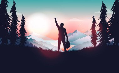 Life goal achievement - Happy man celebrating personal success by raising hand in nature. Beautiful view and mountain tops in background. Winner, travel and hiking concept. Vector illustration. clipart