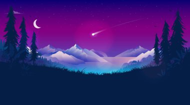 Gece gökyüzünde kayan yıldız. Parlak kuyruklu yıldız atmosferden düşüyor. Yıldızlarla, aylarla, dağlarla, okyanuslarla ve ormanlarla dolu güzel bir yerde soğuk bir gece. Meteorit, astroloji, iyi şanslar, konsept.