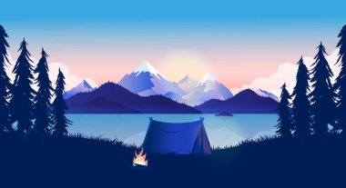Camping by lake - Tent in sunrise with campfire burning, beautiful nature view in early morning. Mountains and ocean in the background. Calm, travel, getaway concept. Vector illustration. clipart