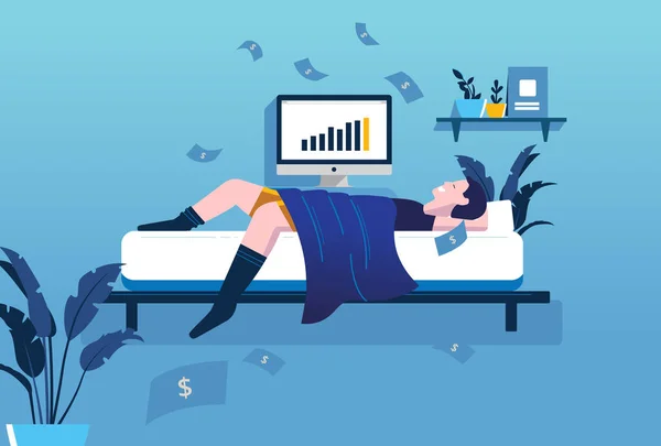 受動的な収入 寝ている間にお金を稼ぐ ベッドルームで男 雨のお金 コンピュータ画面ショー収益 豊かな 人生を楽しむ ベクトル図 — ストックベクタ