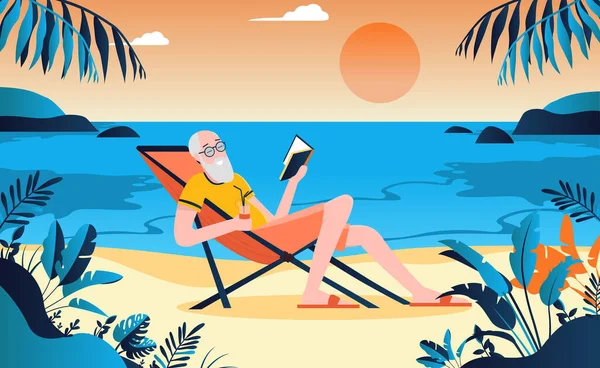 Hombre Retirado Playa Disfrutando Vida Con Libro Mano Fondo Cálido — Vector de stock