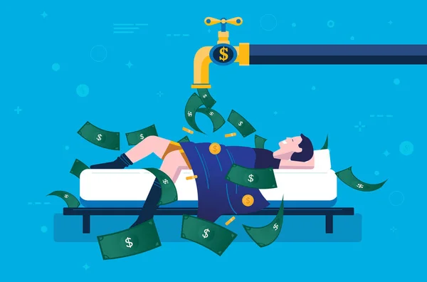 Passive Income Financial Freedom Man Lying Bed Money Raining Faucet — Stock Vector