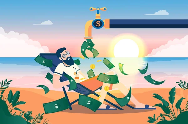 Para musluğu - Sahildeki adam su musluğundan gelen bir yığın paranın tadını çıkarıyor. Dolar banknotları olan açık bir valf, arka planda gündoğumu olan güzel bir manzara. Pasif gelir, maaş ve kâr kavramı.