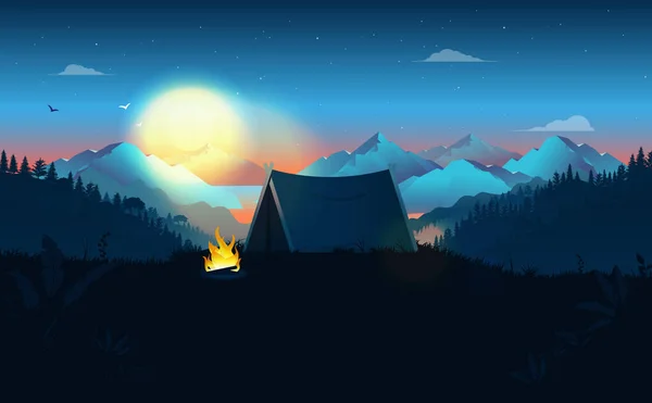 Acampar Fuera Por Noche Tienda Chimenea Atardecer Hermosa Naturaleza Fondo — Vector de stock