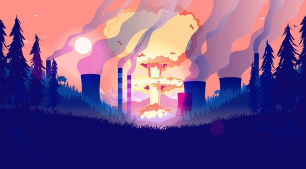 Destruyendo Planeta Bomba Nuclear Contaminación Paisaje Radiación Smog Creando Fin — Vector de stock