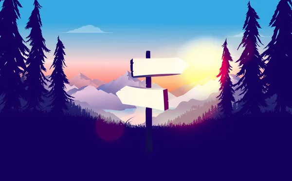 Crossroad Blank Signpost Outdoors Beautiful Landscape Sunrise Mountains Background Hope — Wektor stockowy