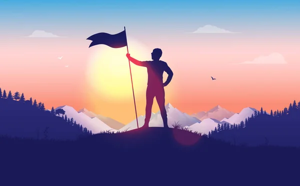 Преодоление Проблемы Человек Поднятым Флагом Вершине Горы Флаг Красивый Пейзаж — стоковый вектор