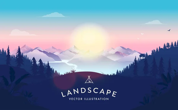 Векторная Иллюстрация Ландшафта Холм Восходом Солнца Природой Лесом Туманом Горами — стоковый вектор