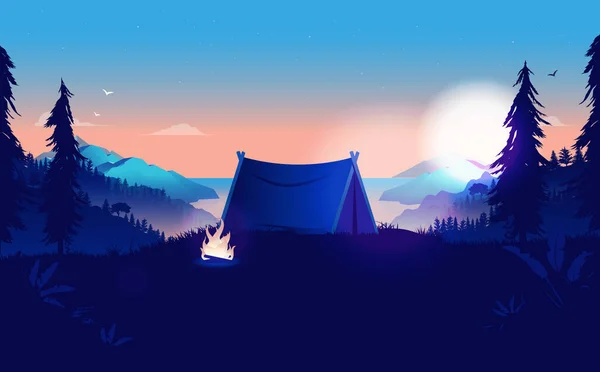 Camping Zonsopgang Tent Natuur Met Kampvuur Prachtig Uitzicht Vroege Ochtend — Stockvector