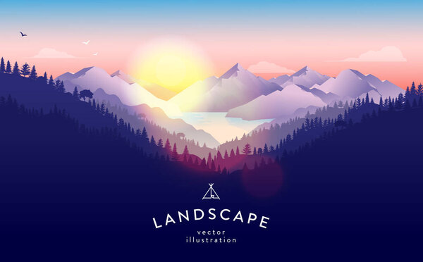 Nature landscape with mountains, forest and ocean at sunset. Beautiful, hiking, travel and camping concept. Use as wallpaper, background or web illustration.