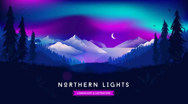 Ilustración Del Paisaje Luces Boreales Hermoso Cielo Nocturno Con Luna — Archivo Imágenes Vectoriales