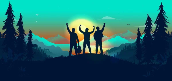 Команда Переможець Ландшафті Троє Друзів Вершині Пагорба Вітають Руками Повітрі — стоковий вектор
