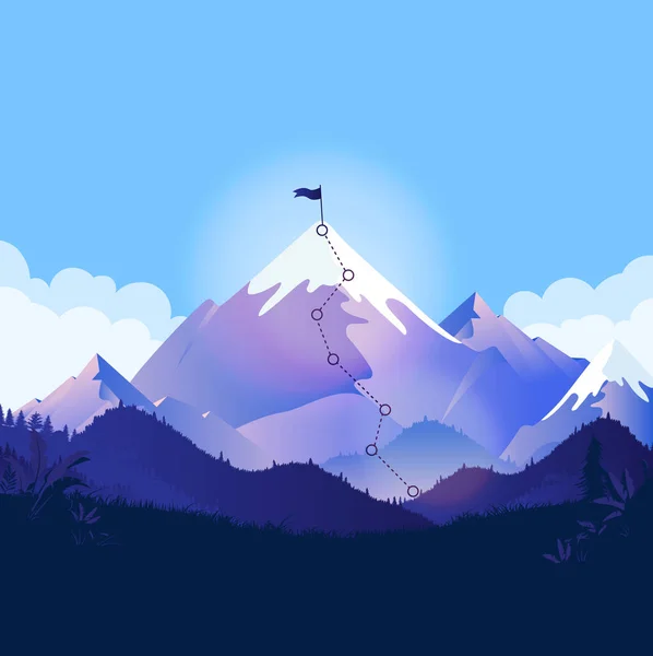 Βουνό Κορυφή Μονοπάτι Και Σημαία Εικονογράφηση Τοπίου Ένα Μονοπάτι Προς — Διανυσματικό Αρχείο