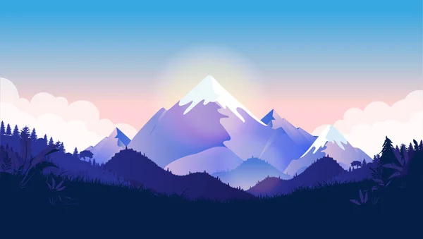 山のピークベクトル図 美しい自然景観の中で首脳会談の後ろに輝く日 雪の丘の上に 背景に雲 目の前の森 シーン 環境の背景 — ストックベクタ