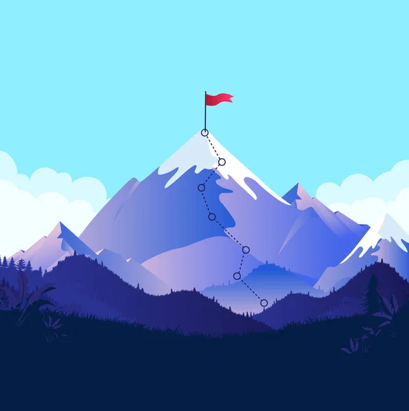Шлях Успіху Велична Гора Складною Стежкою Веде Червоного Прапора Зверху — стоковий вектор