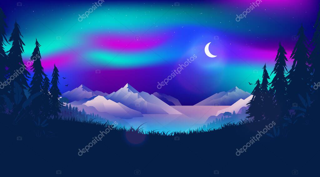 Northern Lights Illustration Aurora Borealis In The Sky Over A Norwegian Fjord Beautiful Northern Landscape Scene At Night Time With Moon Forest And Ocean Magical Mystical North Concept Premium Vector
