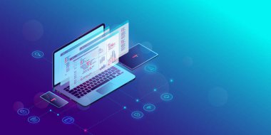 Uygulama geliştirme - kod, soyut programlama dili ve izleme araçlarını gösteren izometrik bilgisayar. Akıllı telefon ve tablet yükleme çubuğunu gösteriyor. Teknoloji, geliştirici, oyun ve yazılım kavramı.