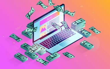 Blog yazarak para kazan. Blog 'u ekranda görünen dizüstü bilgisayar, pembe arka plan ve para yağmuru. Başarılı bir etkileyici, internet geliri, yazım geliri konsepti, izometrik vektör illüstrasyonu.