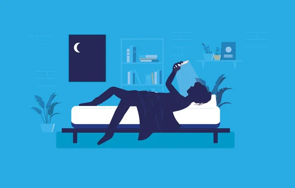 ベッドの上のモバイル 女性は彼女の携帯電話を使用して夜に寝室で起きて横たわっています 顔にスマートフォンの光 落ち着きのない 睡眠の剥奪 ソーシャルメディア中毒の概念 ベクターイラスト — ストックベクタ