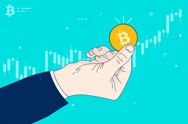 Mão Segurando Bitcoin Como Preço Valor Sobe Gráfico Alta Fundo — Vetor de Stock