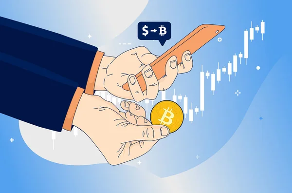 App Zum Bitcoin Tausch Hand Kauft Bitcoin Telefon Grafik Hintergrund — Stockvektor