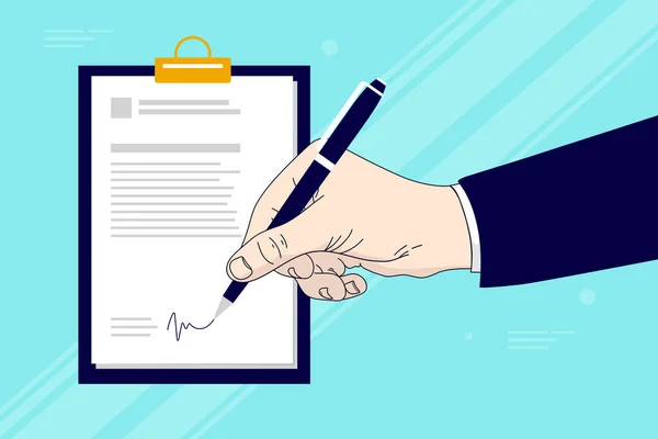 Handtekeningsdocument Handtekening Een Contract Huurpapier Een Verdrag Met Een Klembord — Stockvector