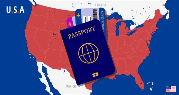 Travel America Mapa Los Estados Unidos Con Pasaporte Dos Boletos — Archivo Imágenes Vectoriales