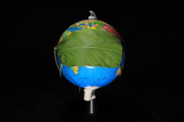 Covid19 durumu sırasında Dünya 'nın gençleştirilmesi. Dünyadaki Coronavirus ve COVID-19 salgını kavramı. Dünya yeşil yaprakla korunuyor. Kavramsal fotoğrafçılık. Dünya küresi siyah bir arkaplanda izole edilmiş.