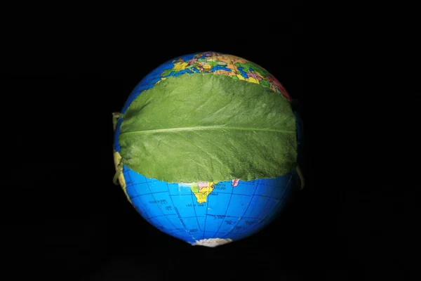 Covid19状況中の地球の再生 世界のコロナウイルスとCovid 19パンデミックの概念 緑の葉で保護されたグローブ 概念的な写真 黒い背景に隔離された地球の地球 — ストック写真