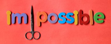 Kendine güven ve pozitif kavram. Makas, mümkün olmayan kelimenin okunmasını engeller. İmkansızdan olasılığa. İmkansıza İmkansız sözcüğünün kesilmesi.