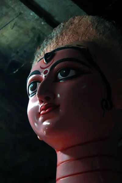 Retrato Maa Durga Ídolo Barro Deusa Hindu Durga Sob Preparativos — Fotografia de Stock