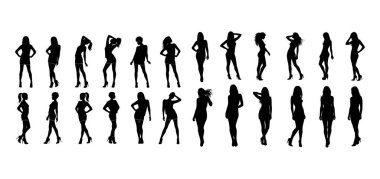 Moda ileri çeşitli kadın siluetleri modern yaşam tarzı markalarına ve dinamik feminen enerjiye ihtiyaç duyan reklam kampanyalarına özgüven ve tarz sergiliyor.