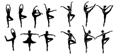 Zarif balerin siluetleri sanatsal ifade ve dans stüdyosu promosyonları için dinamik pozlar, yaratıcı projeler ve markalaşma materyalleri için ideal.