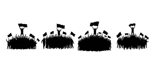 Değişim için yürüyen güçlü protestocular, dayanışma bayrakları, adalet ve eşitlik için savaşan, parlak bir arkaplan karşısında siluet oluşturan