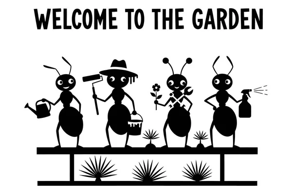 Büyüleyici karıncaların bahçe aletleri ile hoş geldiniz, kaprisli siyah beyaz siluet, çocuk odası dekorasyonu veya bahçe temalı el sanatları projeleri için mükemmel