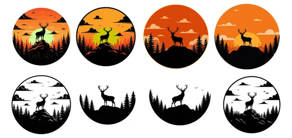 Görkemli geyik silueti büyüleyici günbatımı orman manzarasına karşı gururla duruyor, doğa severler ve açık hava macera markaları için mükemmel.