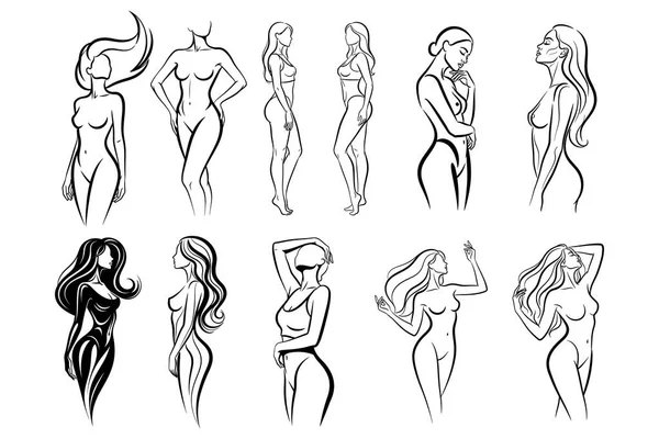 Yaratıcı projeler için zarif kadın figürleri ana hatları koleksiyonu - güzellik, moda ve sağlık tasarımları için mükemmel, çeşitli vücut şekilleri sergiliyor