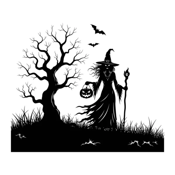 Cadılar Bayramı tasarımları ve ürkütücü dijital sanat projeleri için mükemmel balkabağı feneri tutan bir cadının ürkütücü silüeti seyirciyi heyecanlandırır.