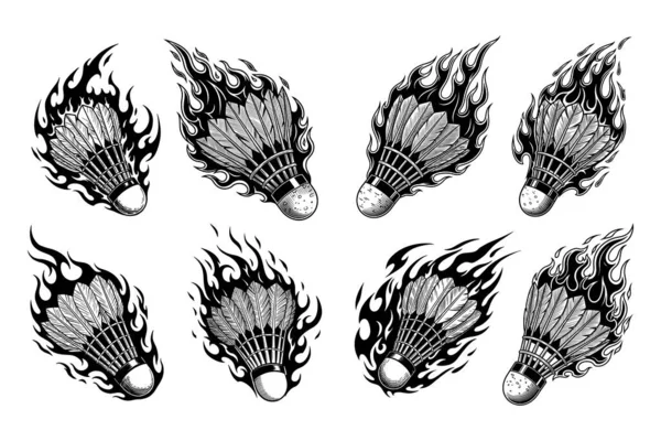 Dinamik badminton servis horozu alev alev yanıyor. Spor markalaşması ve cesur tasarımlar için mükemmel. Projenize heyecan ve yoğun aksiyon katıyor.