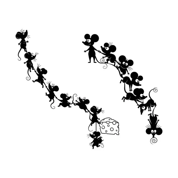 Neşeli çizgi film fare siluetleri lezzetli peynirlere doğru tırmanıyor, çocukların tasarımları için mükemmel ve neşeli, neşeli bir his için ilginç çizimler.