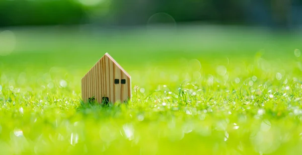 Miniatuur Huis Model Gras Achtergrond — Stockfoto